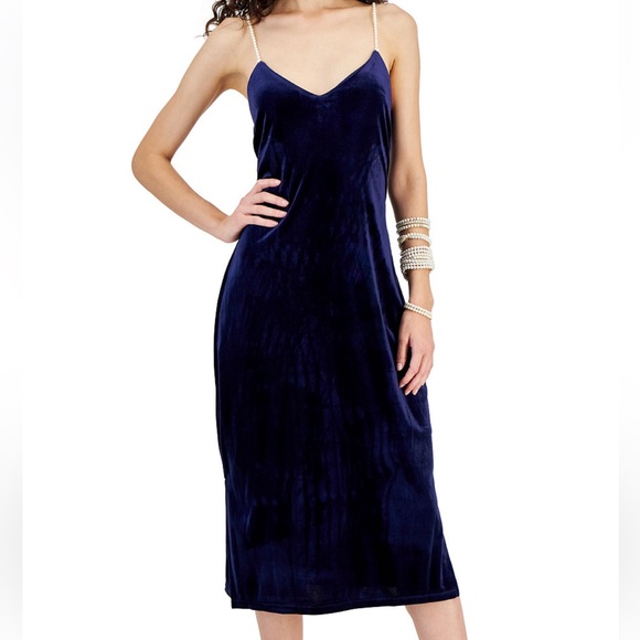 NWT, Sam Edelman Size 8, Blue Velvet dress with beaded straps - Picture 1 of 6
